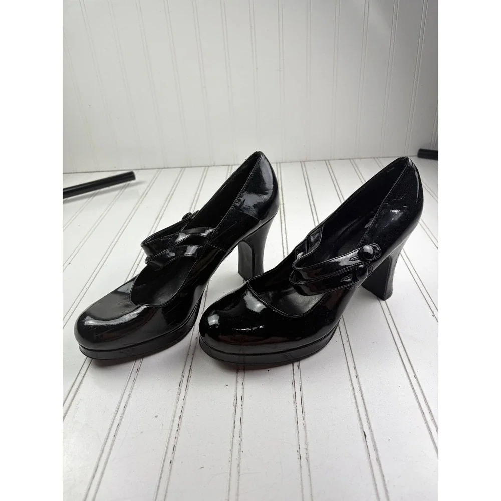 Vintage Y2K Black Patent Leather Mary Jane Platform Chunky Heels Women's Size 10